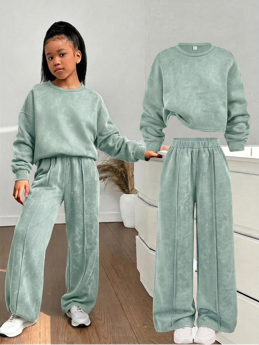 SHEIN 青少年女孩連帽衫與運動衫套裝 - 綠色 - 查看 1