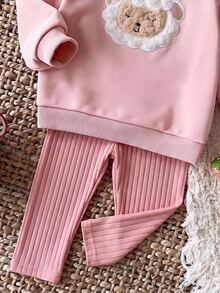 Cozy Pixies 女嬰卡通刺繡保暖內裡運動衫與內搭褲套裝 - 粉色 - 查看 6