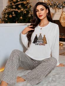 SHEIN طقم بيجامة برسومات شجرة عيد الميلاد والشعار - متعدد الألوان - مشاهدة 5