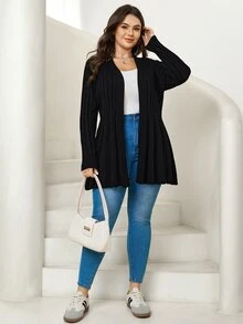 Comfylo Cardigan de talla grande de color sólido con frente abierto - Negro - Ver 5