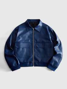 ROMWE MEN Street Life Men Flap Pocket PU Leather Jacket - Blue - View 1