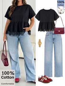 Shapeblank Blusa de Peplum con Encaje de Contraste Talla Grande - Negro - Ver 1