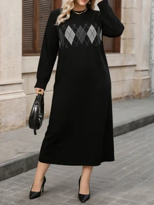 Lacomfia Plus Size Sweater Dresses - Black - View 3