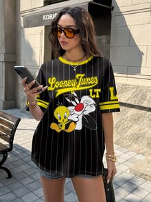 LOONEY TUNES X SHEIN 條紋與卡通圖案短袖T恤 - 白色 - 查看 3