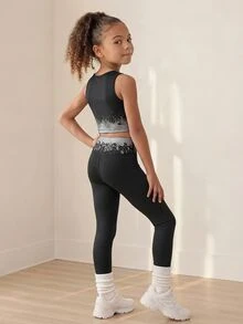 SHEIN Young Girl Zip Up Thumbholes Active Set - Black - View 4