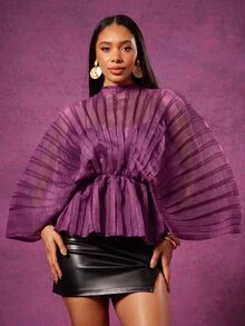 Vixey Funnel Neck Batwing Sleeve Pleated Peplum Hem Semi-Sheer Top - Violet Purple - View 2