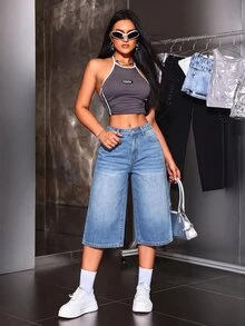 SHEIN ICON 1件漂白水洗寬腿牛仔褲 - 藍色 - 查看 4