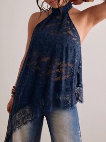 Freevana Plus Asymmetrical Hem Lace Halter Top Going Out Party Navy Blue Summer Elegant Sexy - Navy Blue - View 1