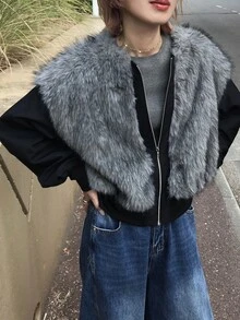 FRIFUL Women Casual Fuzzy Zipper Jackets Fall - Grey - View 5