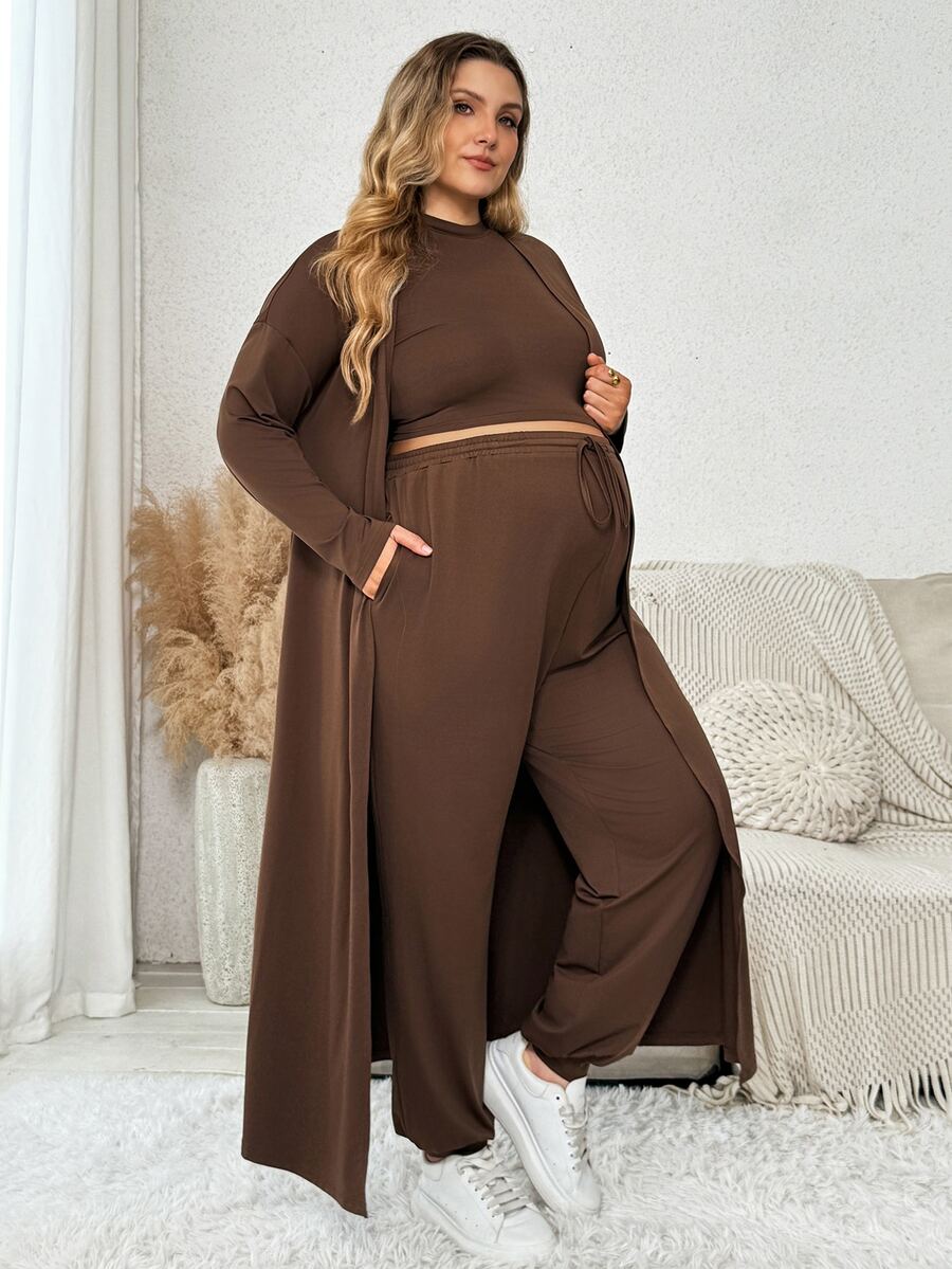 Plussiva Plus Size Maternity Solid Crop Tank Top Pants Open Front Coat Set Dates Post Partum Autumn Lounge Basic Cute Chic Going Out Fall - Brown - View 1