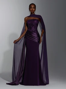 Elitara Floral Jacquard Mesh Panel Formal Dress With Cape - Purple - View 2