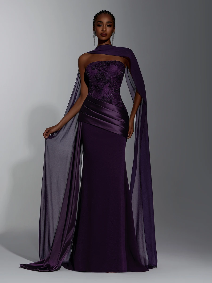 Elitara Floral Jacquard Mesh Panel Formal Dress With Cape
