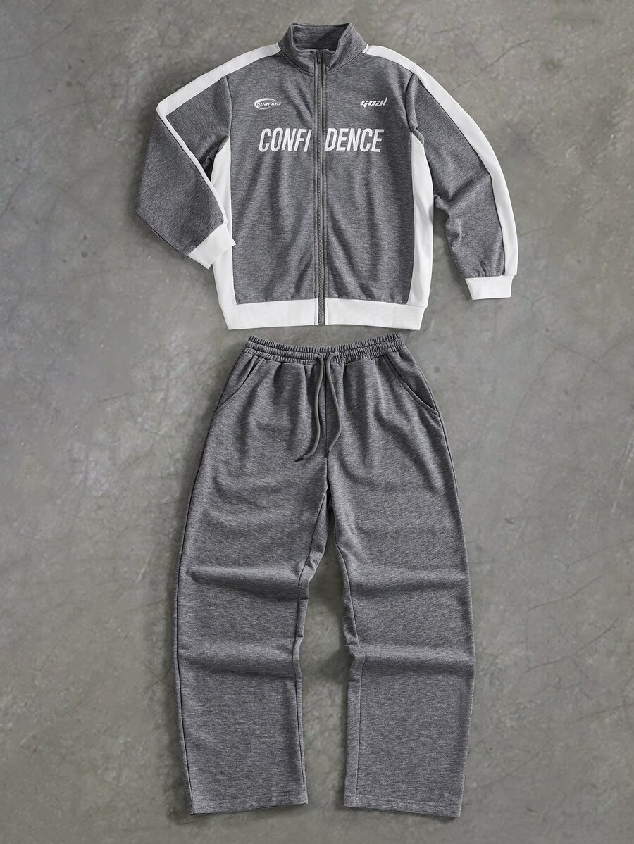 SHEIN Coolqubz 青少年男孩2件套套裝,字母印花立領拉鍊運動夾克與對比條紋直筒運動長褲,附口袋,秋季套裝 - 灰色 - 查看 1