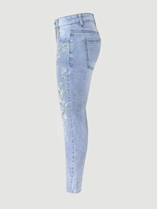 SHEIN PETITE Jeans pitillo de cintura alta con patrón de mariposa de strass - Azul - Ver 6