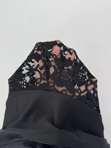 Elenzga 對比色蕾絲V領洋裝 - 黑色 - 查看 7