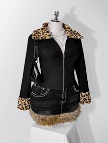 SHEIN ICON 大碼豹紋 Borg 領毛絨飾邊夾克外套 冬季 - 黑色 - 查看 4