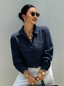 Dazy Plus Plus Floral Embroidery Button Front Shirt Vacation - Navy Blue - View 2