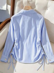 SHEIN Franclia Vertical Blue And White Stripe Drawstring Side Shirt Teachers' Day Office Autumn Smart Casual Elegant - Blue - View 3
