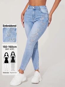 SHEIN PETITE Jeans pitillo de cintura alta con patrón de mariposa de strass - Azul - Ver 1