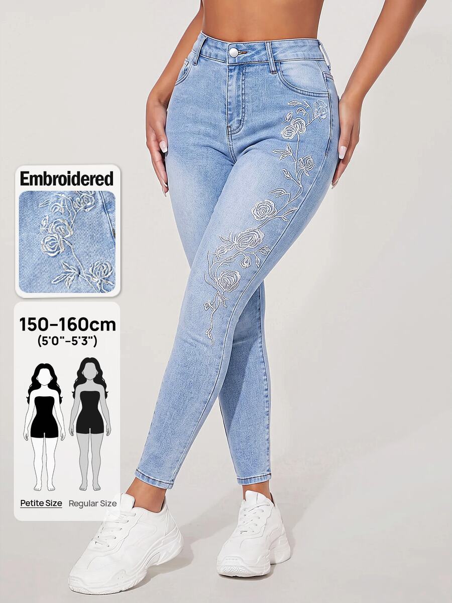 SHEIN PETITE Jeans pitillo de cintura alta con patrón de mariposa de strass - Azul - Ver 1