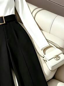 SHEIN Franclia Square Neck Contrast Trim Wide Leg Jumpsuit With Belt - Black - View 4