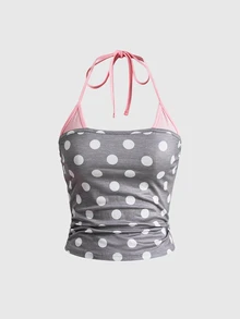 ROMWE Pink And White Polka Dot Print Ruched Halter Top Vacation Cute Y2k - Grey - View 1