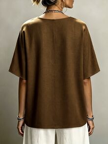 Linhara CURVE Blusa de talla grande con nudo delantero de color sólido - Marrón - Ver 2