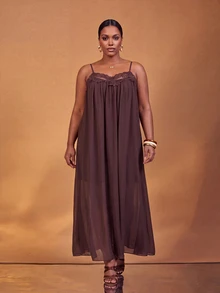 Veslaya Plus Solid Contrast Lace Cami Dress - Brown - View 3