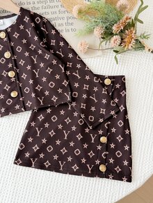 SHEIN 女童全印花金色鈕扣門襟夾克外套與裙子套裝 - 棕色 - 查看 5