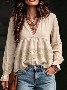 SHEIN Flounce Sleeve Contrast Lace Peplum Blouse - Apricot - View 4