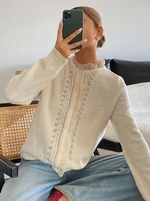 DAZY Pointelle Knit Button Front Cardigan Fall - Apricot - View 7