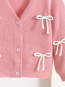 SHEIN 女童蝴蝶結前襟落肩開襟衫 - 粉色 - 查看 4