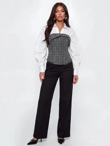 Avantive Women Blouses Shirts Night Out Brunch Office Date Night White Autumn Tweed Sexy Elegant Casual Faux-Layered Shirt - Black and White - View 7