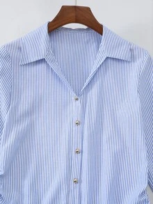 SHEIN Franclia Vertical Blue And White Stripe Drawstring Side Shirt Teachers' Day Office Autumn Smart Casual Elegant - Blue - View 9
