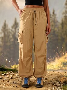 SHEIN Sports Celana Outdoor dengan Kantong Lipat dan Tali Serut di Pinggang - Khaki - View 5