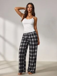 Lowkey Lull Solid Cami Top & Plaid Print Pants PJ Set - Grey - View 6