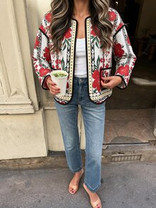 Flora Isola Flora Isola Floral Print Contrast Binding Open Front Coat - Red - View 6