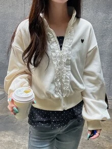 FRIFUL Sweatshirt Bermotif Hati dengan Hiasan Ruffle, Bahu Longgar, dan Resleting, Cocok untuk Musim Gugur, Sehari-hari di Sekolah, Warna Putih Gading, Lucu, dan Romantis. - Aprikot - View 6