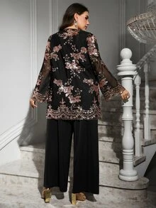SHEIN Clasi 大尺碼亮片花卉刺繡荷葉袖外套與寬腿長褲套裝 - 彩色 - 查看 3