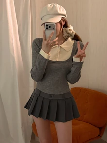 DAZY Suéter 2 en 1 con cuello en contraste para otoño - Gris - Ver 4