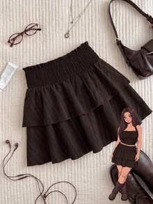 Comfortcana Plus Solid Elastic Waist Ruffle Hem Skirt Fall - Brown - View 11