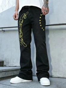 Manfinity Men Star & Letter Graphic Flare Leg Jeans - Black - View 4
