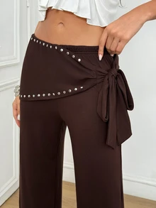 SHEIN Pearls Beaded Detail Wide Leg Pants - Brown - View 4