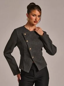 SHEIN BAE Jaket Pendek Campuran Wol Abu-abu Muda dengan Detail Kancing Diagonal, Kerah Bulat, Potongan Ramping, Elegan, Kasual, Profesional untuk Kantor, Bisnis, Musim Gugur - Dark Grey - View 3