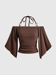 ROMWE Hippie Solid Chain Detail Halter Tee - Brown - View 1