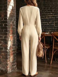 EMERY ROSE Solid V Neck Jumpsuit Without Belt - Apricot - View 2