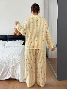 Napfluff CURVE Napfluff CURVE Plus Striped & Lemon Print Long Sleeve Shirt & Pants Pajama Set - Yellow - View 3