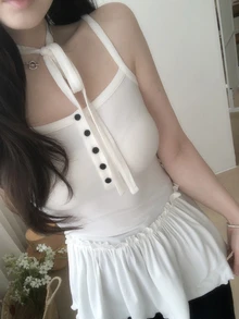 DAZY Atasan Cami Model Peplum dengan Kancing Setengah Polos dan Syal untuk Musim Gugur - Putih - View 5