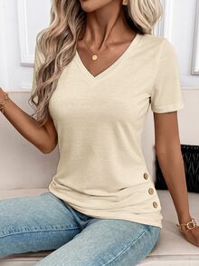 SHEIN Clasi Camiseta de cuello en V con detalle de botones de color sólido - Albaricoque - Ver 4