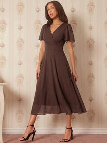 Amorya Surplice Neck Butterfly Sleeve Midi Dress - Coffee - View 5
